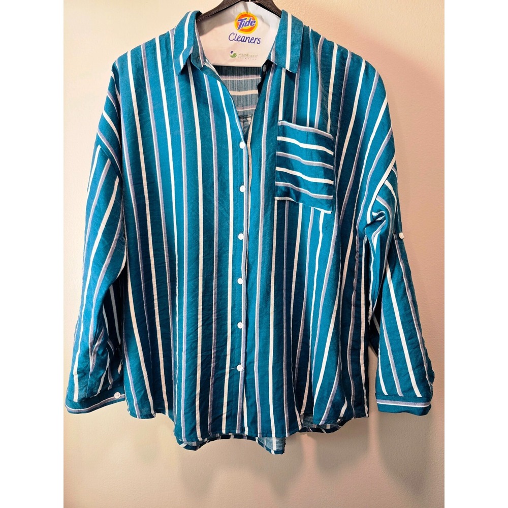 Eden‎ & Olivia Top Women's Turquoise White Stripped Button Down Roll Tab Sleeve - Picture 13 of 14